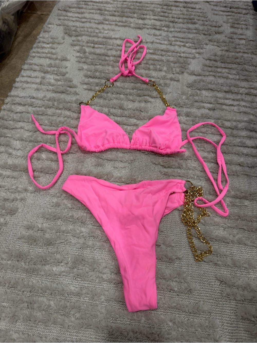 Hot & Delicious Neon Pink Triangle Bikini with Gold Chain
